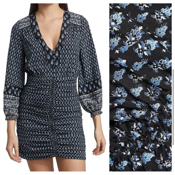 Veronica Beard Zaria Long Sleeve Mini Dress Ruched Floral Silk Bodycon US 0 - Picture 3 of 11